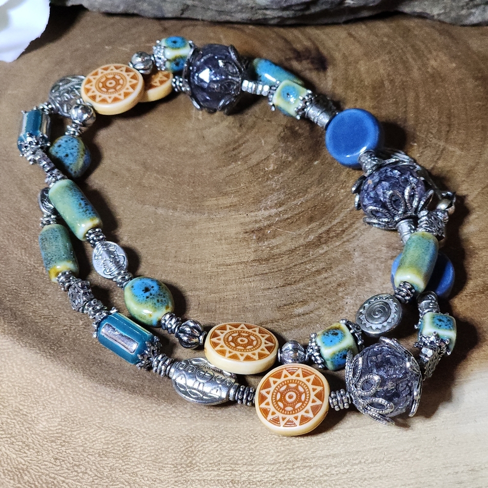 Vintage Boho Necklace Silver, Blue, Orange, & Green Ceramic, Glass & Metal Beads